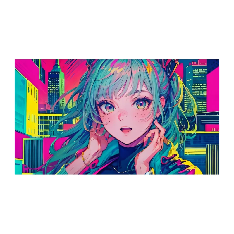 Vibrant Cyberpunk Anime Girl in Neon-Lit Futuristic Cityscape Tapestry