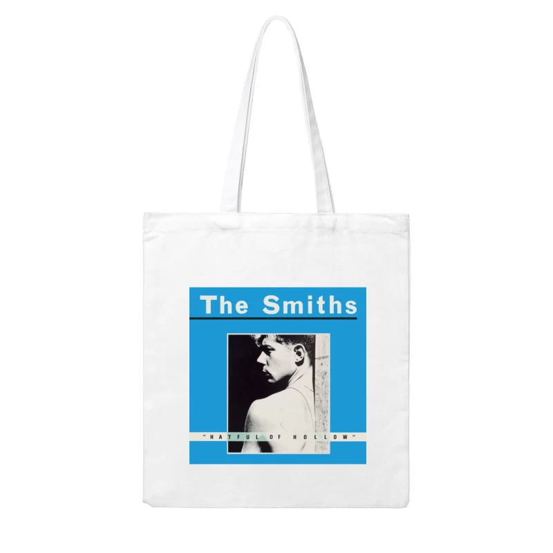 The Smiths "Hatful of Hollow" Album Cover with Black and White Portrait on Blue Background Cotton Tote Bag