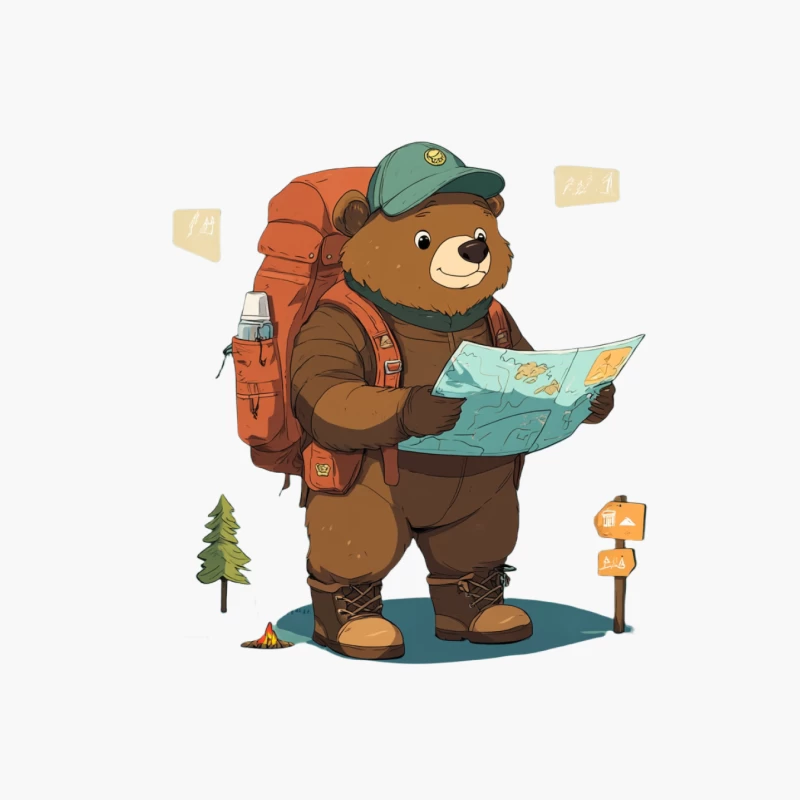 Adventurous Cartoon Bear Goes Hiking with Map and Backpack Cotton Tote Bag