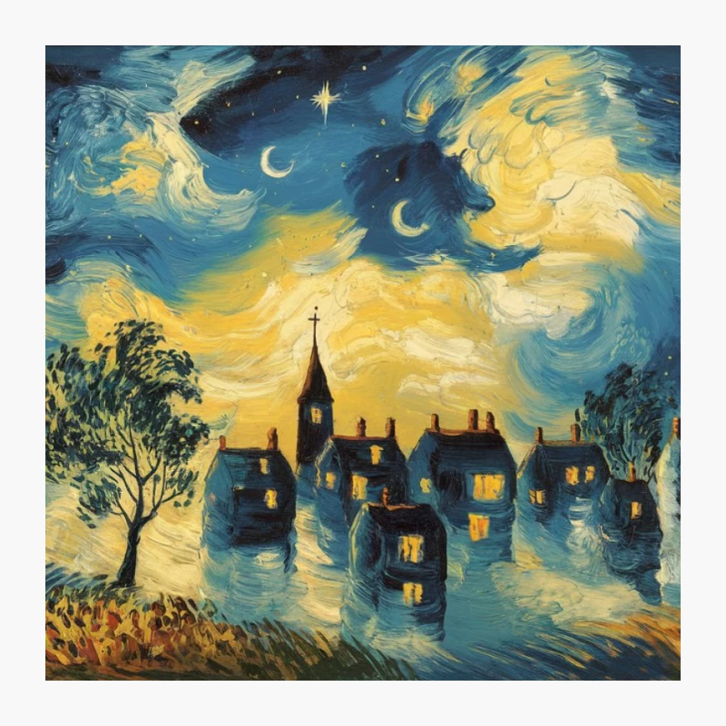 Starry Village Night: An Impressionist Landscape Pin