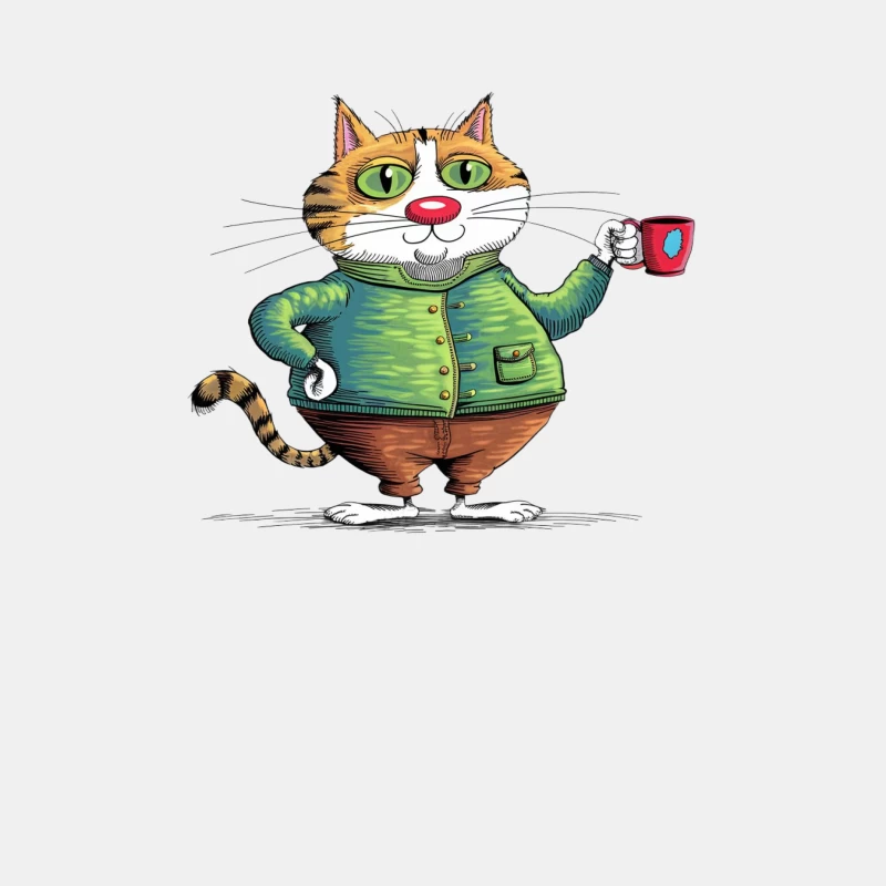 Whimsical Cartoon Cat Enjoying Coffee in Green Sweater Male Tank Top