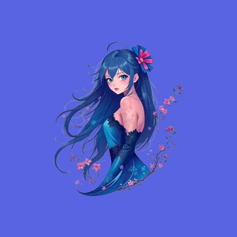 Elegant Anime Girl with Blue Hair and Floral Accents in Evening Dress Mouse Pad