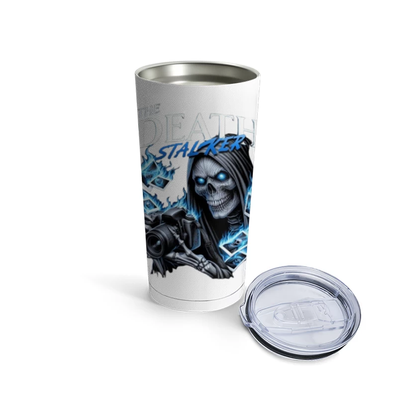 The Death Stalker: Skeletal Photographer with Blue Flames Travel Mug