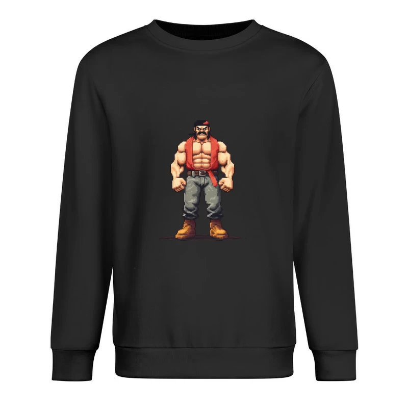 Retro Pixel Art Muscular Fighter in Red Vest Male Pullover Sweatshirt