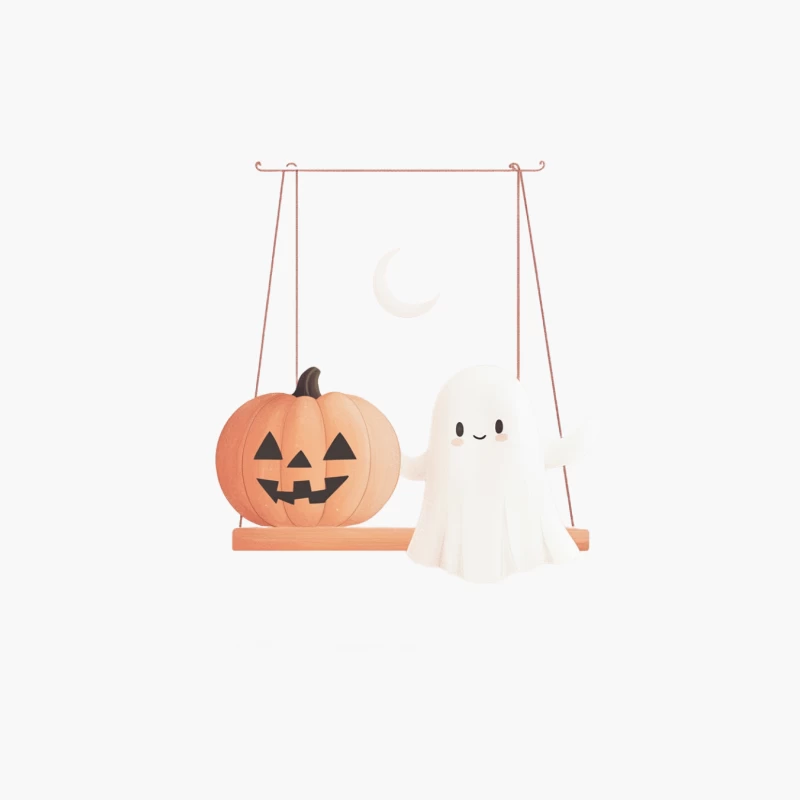 Cute Halloween Scene: Pumpkin and Ghost on a Swing Under the Moon Cotton Tote Bag