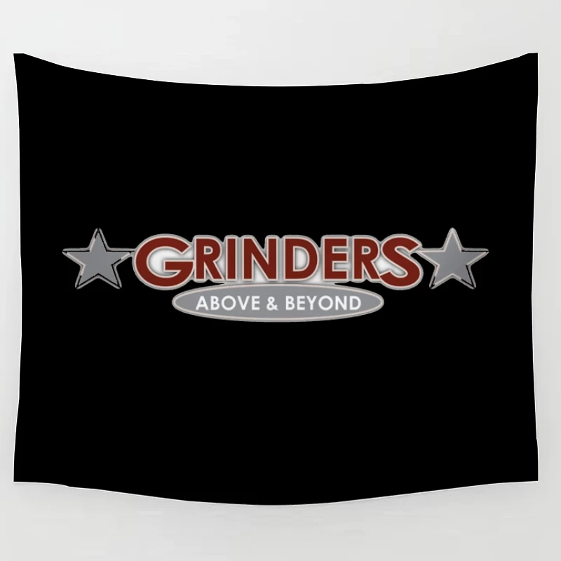 Grinders Restaurant Logo with Metallic Stars and Red Text Tapestry