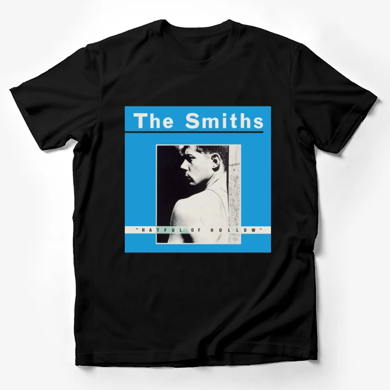 The Smiths "Hatful of Hollow" Album Cover with Black and White Portrait on Blue Background Male T-Shirt