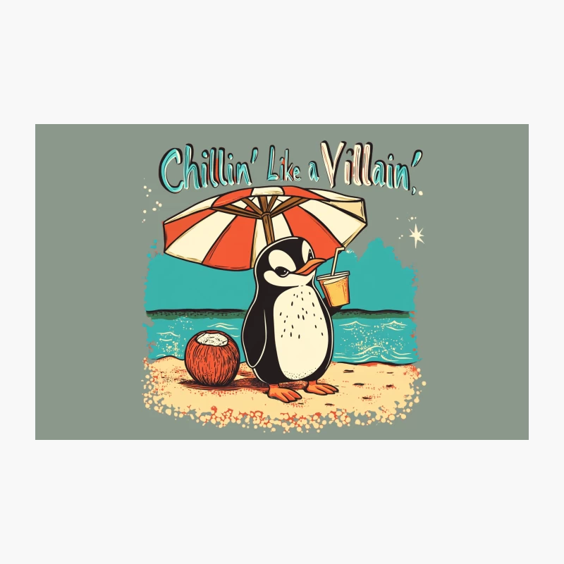 Cartoon Penguin's Villainous Beach Vacation Travel Mug