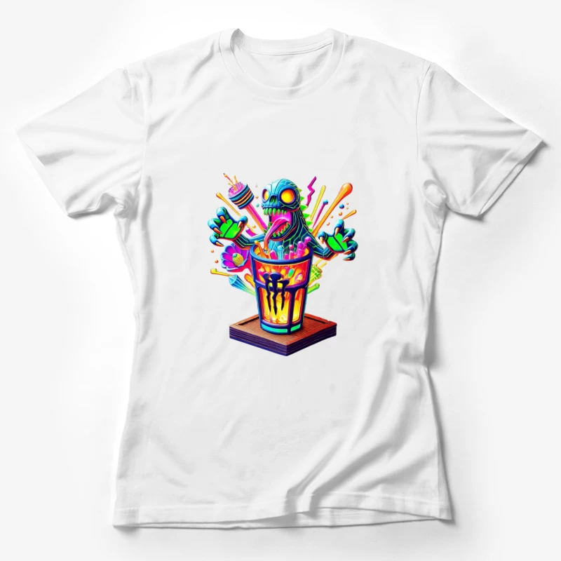 Psychedelic Monster Bursting from Colorful Drink Cup Female T-Shirt