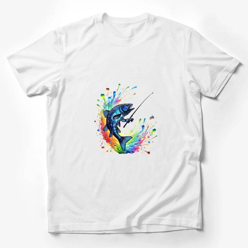 Rainbow Splatter Fish with Fishing Rod Art Male T-Shirt