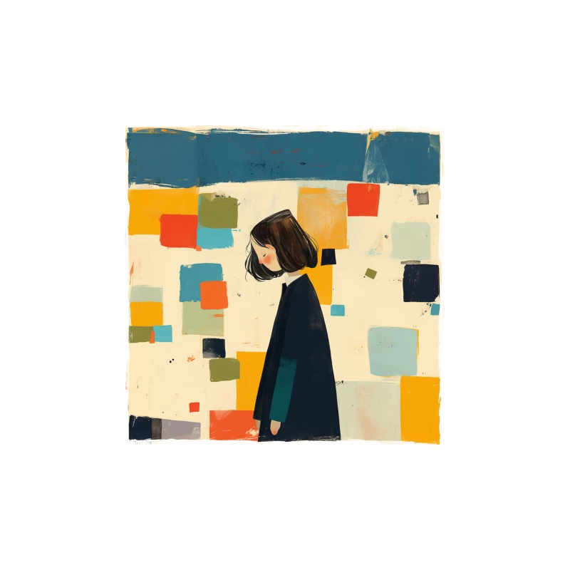 Minimalist Illustration of Figure in Black Coat Against Colorful Abstract Squares Travel Mug