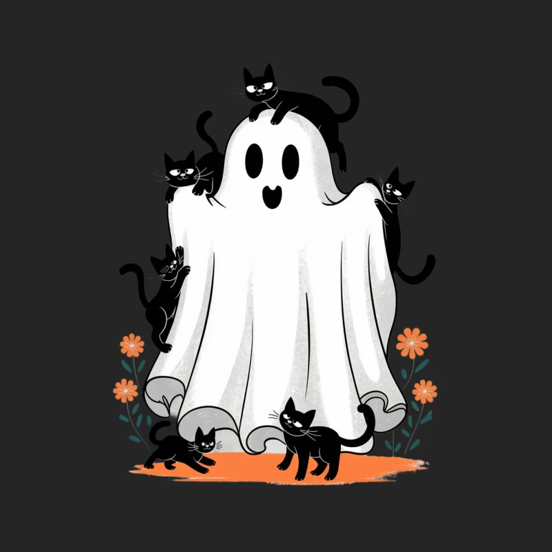 Playful Black Cats with Cute Ghost in Whimsical Halloween Scene Female Pullover Sweatshirt