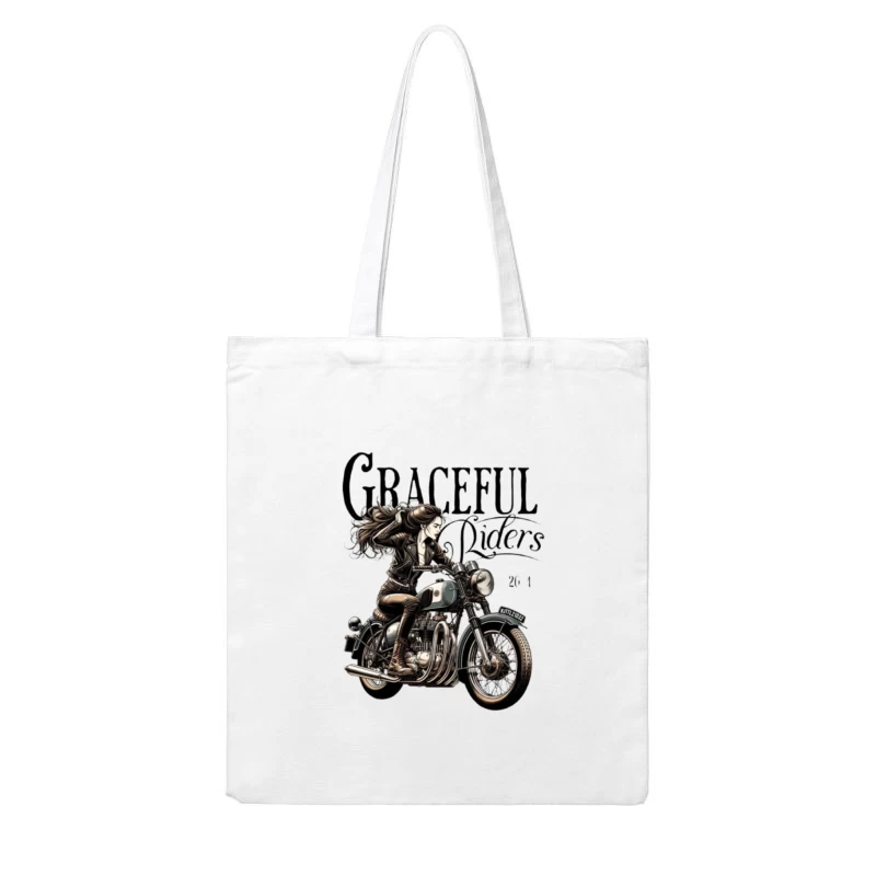 Graceful Riders: Vintage Motorcycle Art with Female Motorcyclist Cotton Tote Bag