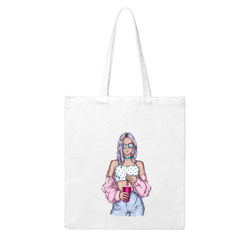 Trendy Young Woman with Drink Cotton Tote Bag