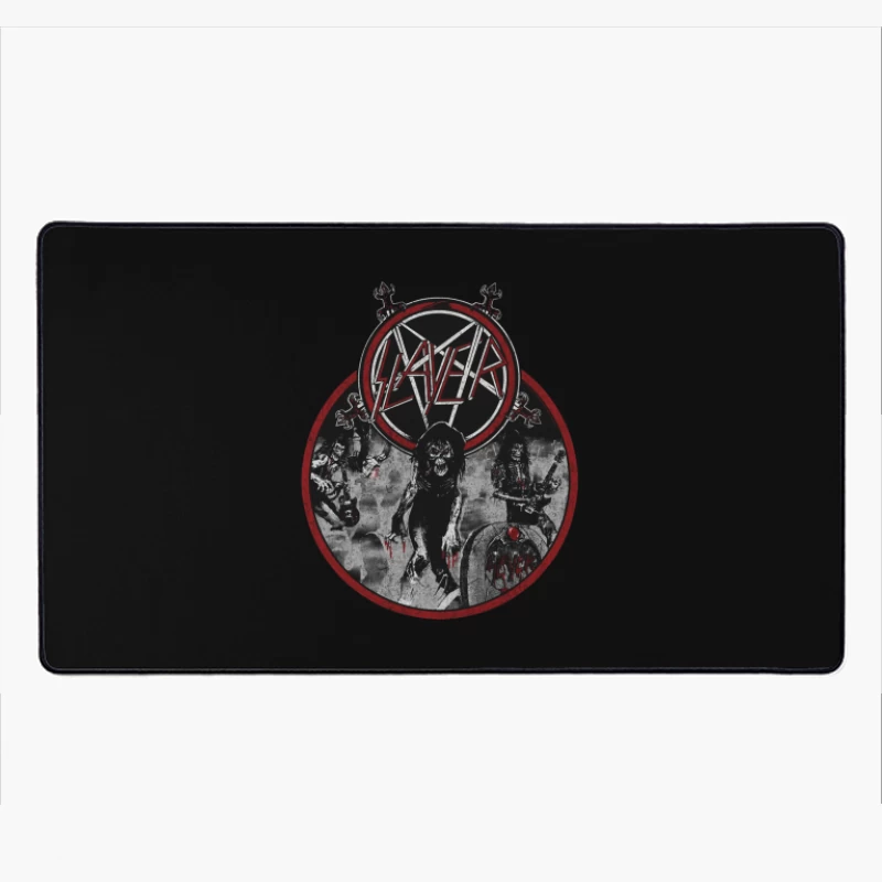 Slayer Heavy Metal Band Logo with Dark Horror-Themed Artwork Desk Mat