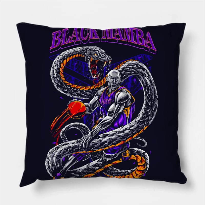 Basketball Illustration of Black Mamba with Snake Throw Pillow