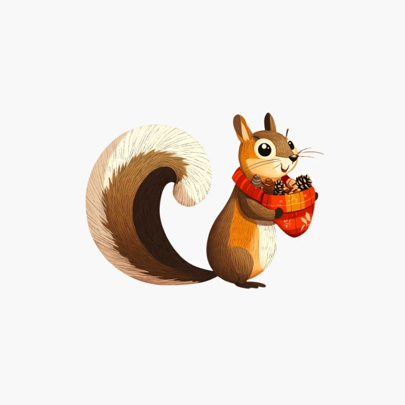 Cute Cartoon Squirrel with Red Scarf Holding Autumn Pinecones Cotton Tote Bag