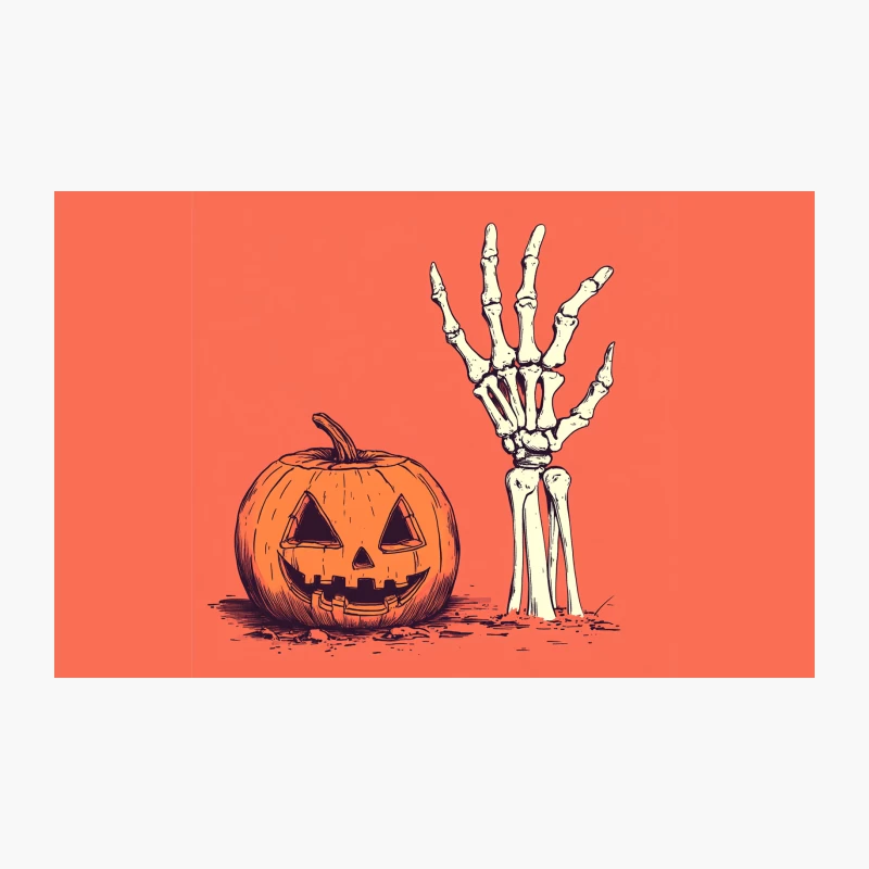 Spooky Halloween Illustration: Jack-o'-Lantern and Skeleton Hand Travel Mug