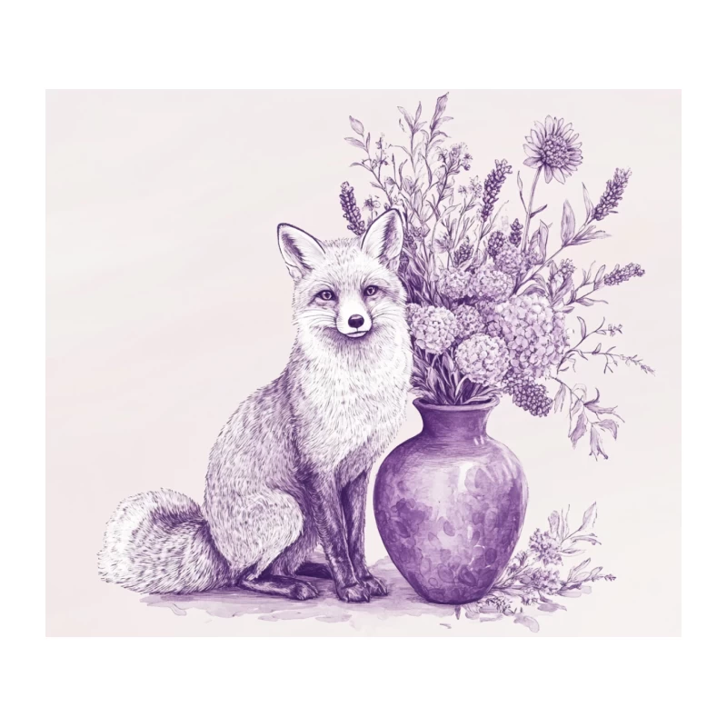 Whimsical Purple Fox with Floral Vase Illustration Tapestry