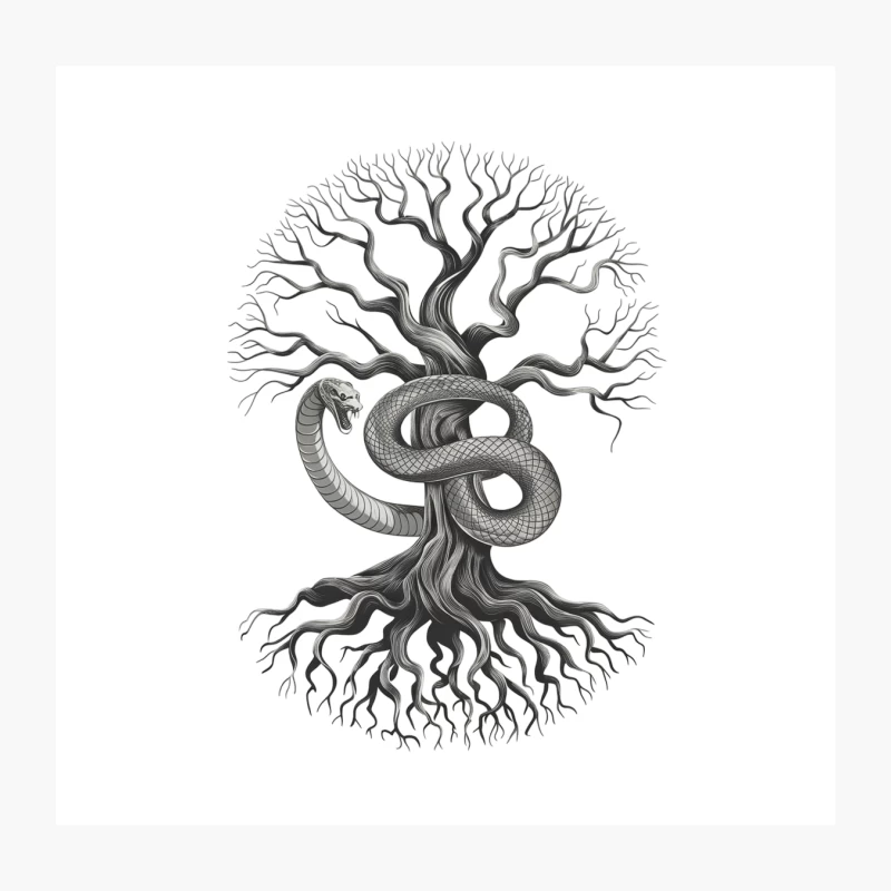 Surrealist Tree of Life with Mythological Snake Illustration Throw Pillow