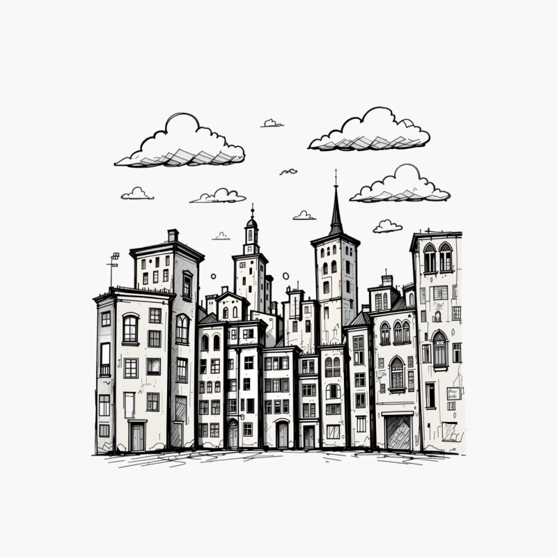 Stylized Black and White Cityscape Illustration Cotton Tote Bag