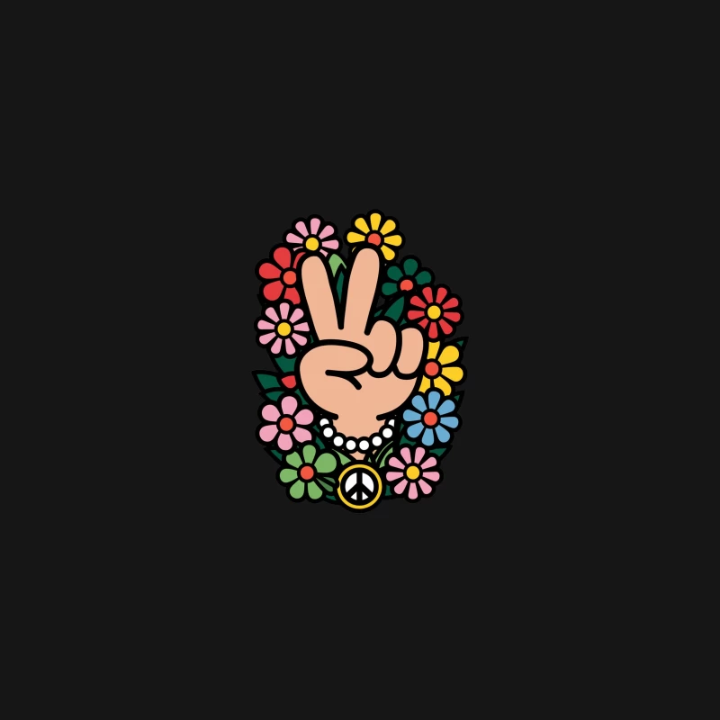 Retro Peace Sign Hand Surrounded by Colorful Flowers Desk Mat
