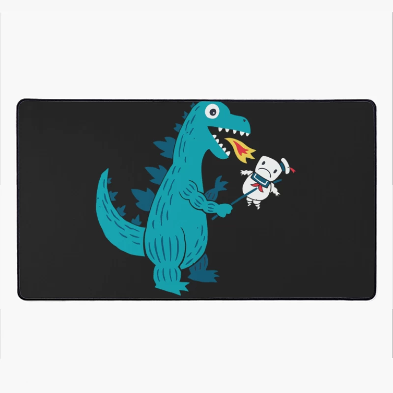Cute Teal Cartoon Dinosaur Taking Selfie While Breathing Fire Desk Mat