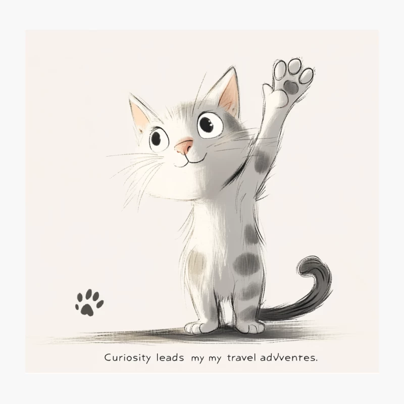 Curious Cat's Adventure: Cartoon Illustration with Paw Print and Quote Throw Pillow
