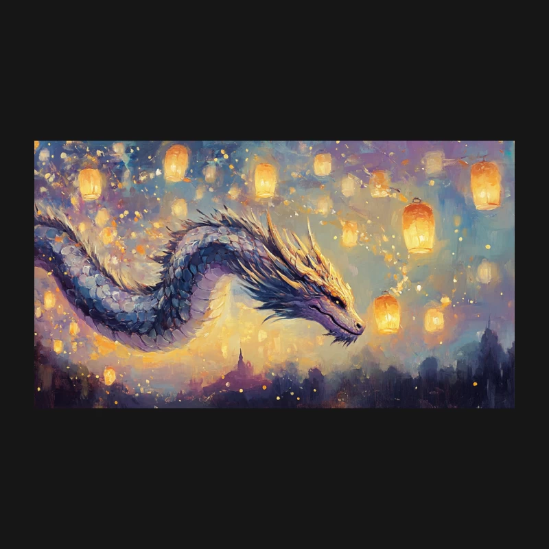 Magical Dragon Soaring Amidst Floating Lanterns Over Reflective Lake Desk Mat