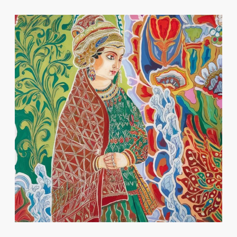 Vibrant Folk Art Painting of Traditional Figure in Ornate Setting Pin