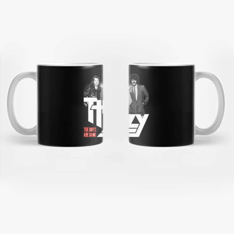 Thin Lizzy "The Boys Are Back" Album Cover - Classic Rock Band Portrait in Black and White Coffee Mug