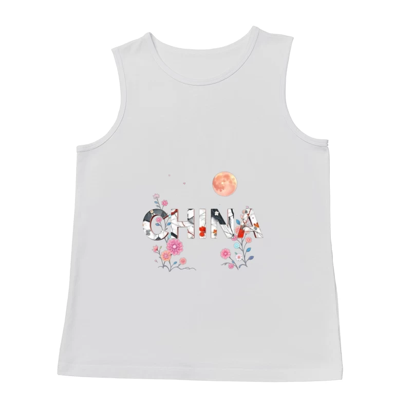 Floral Chinese Typography with Pink Moon and Cherry Blossoms Male Tank Top