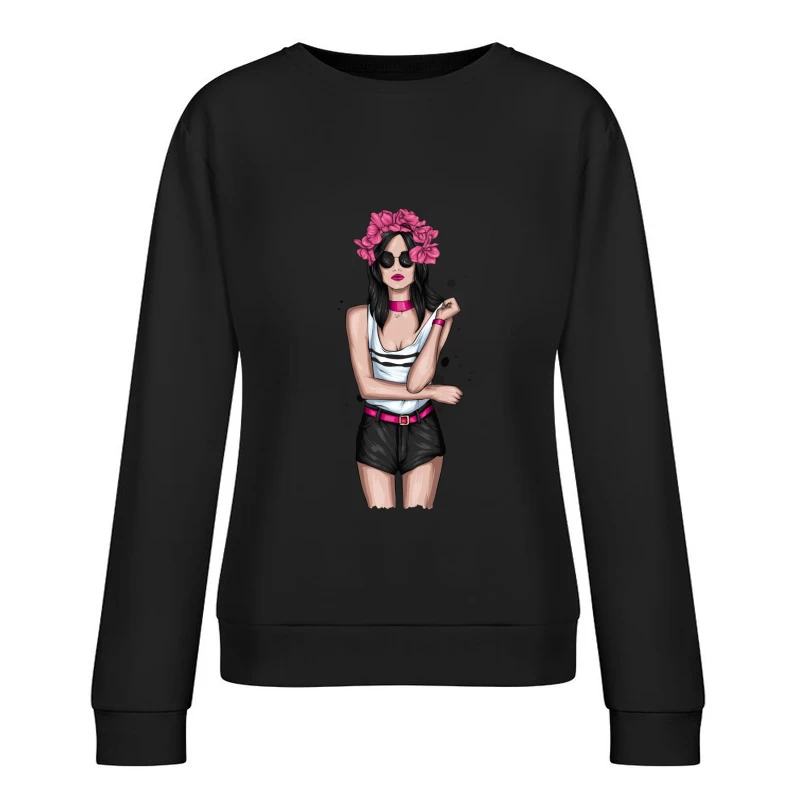 Chic Woman in Sunglasses with Floral Headband Female Pullover Sweatshirt