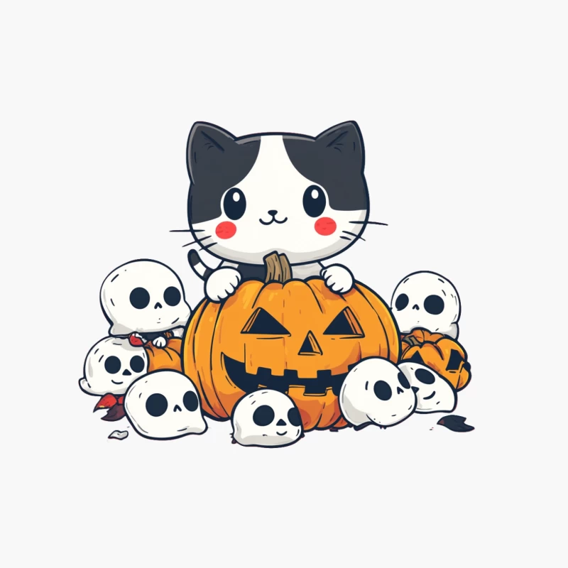 Cute Cartoon Cat with Halloween Pumpkin and Skulls Cotton Tote Bag