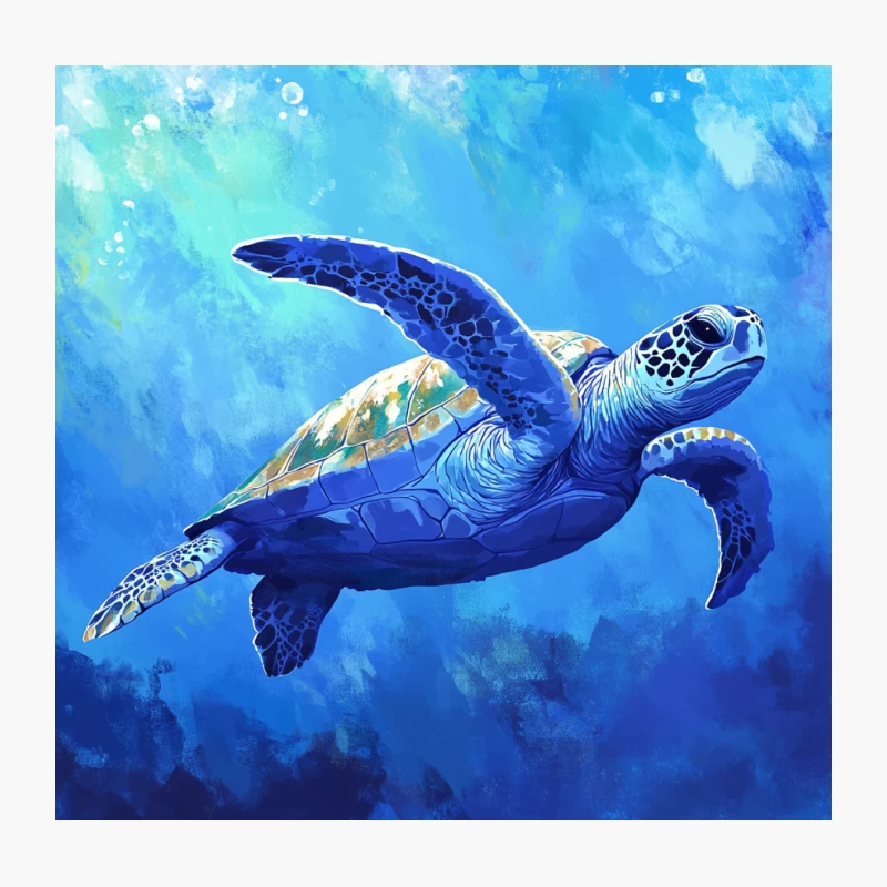 Vibrant Underwater Painting of a Sea Turtle Swimming in the Ocean Throw Pillow