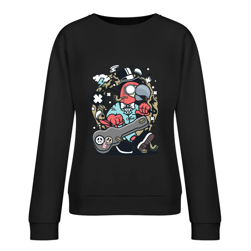 Perroquet chic avec guitare et chapeau haut-de-forme Femme Sweat-shirt à enfiler