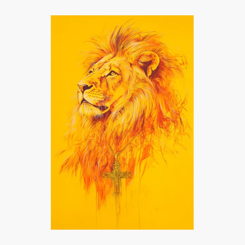Majestic Lion Artwork with Cross Necklace on Yellow Background Cotton Tote Bag