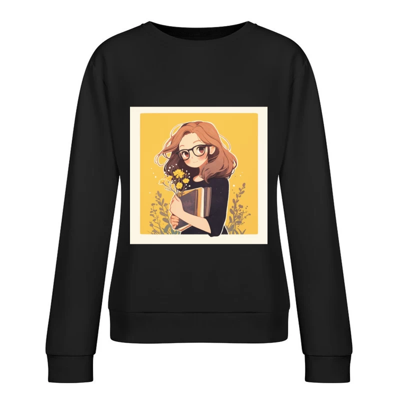 Bookish Girl with Yellow Flowers - Anime Style Illustration Female Pullover Sweatshirt