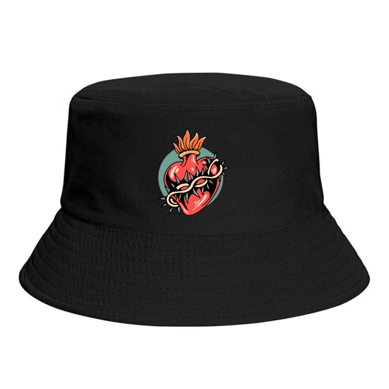 Illustration of a Heart with Thorns and Flame Bucket Hat