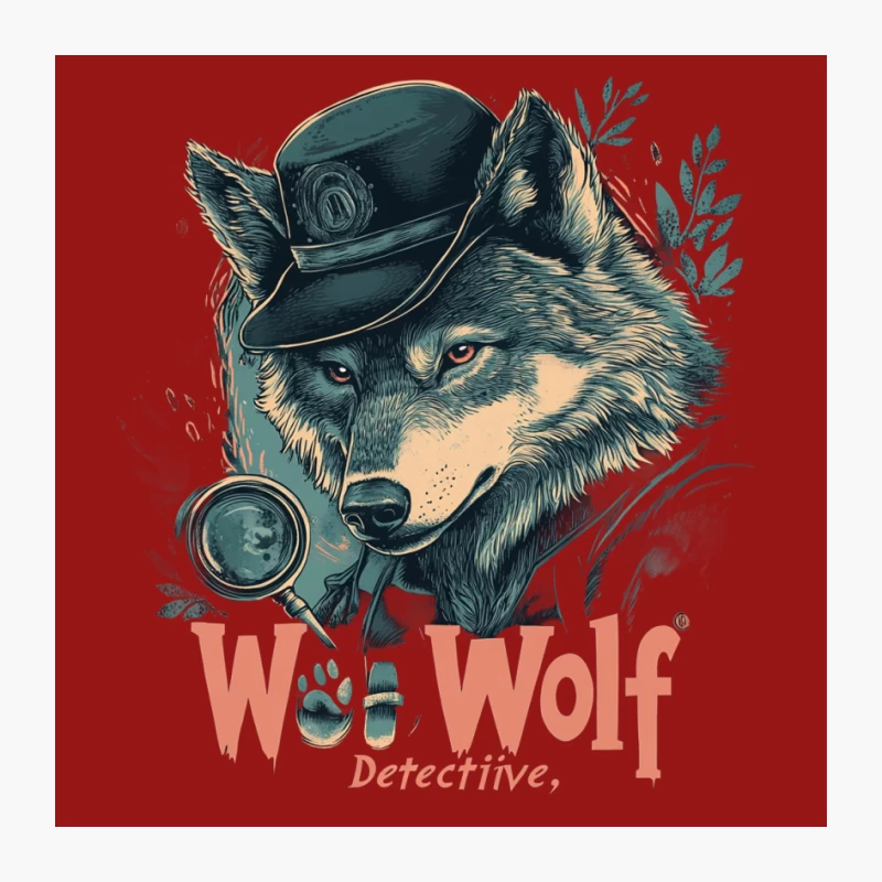 Stylized Detective Wolf Illustration with Hat and Magnifying Glass Pin