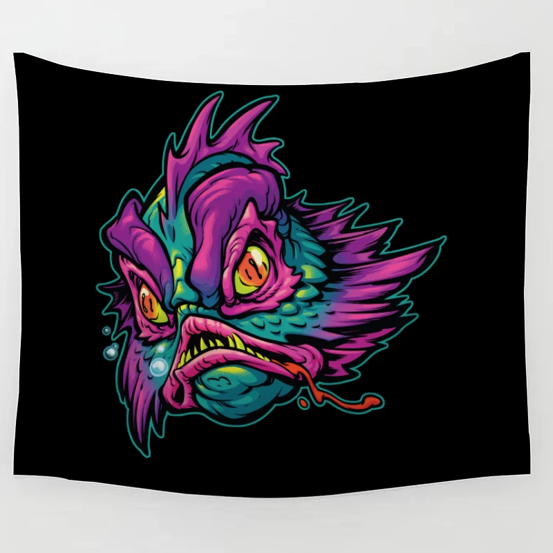 Grotesque Colorful Fish Monster Illustration Tapestry