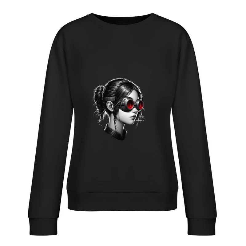 Monochrome Portrait with Red Steampunk Goggles Female Pullover Sweatshirt