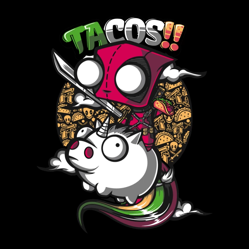 Colorful Cartoon of Tacos with a Unicorn and Knife-wielding Character Pin