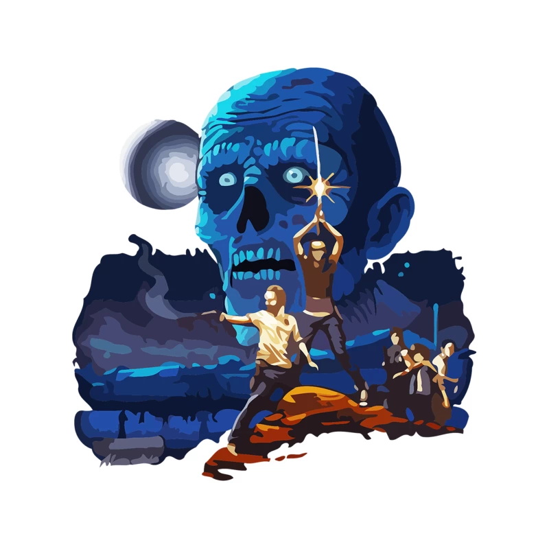 Thrilling Adventure: Characters Face Giant Blue Skull Tapestry