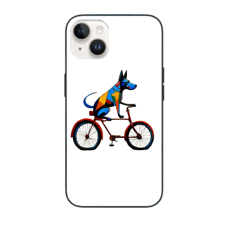 Geometric Colorful Dog Riding Red Bicycle Art iPhone Case