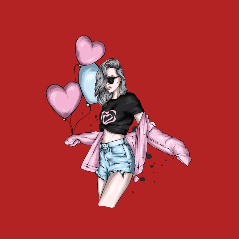 Stylish Girl with Balloons in Summer Fashion Female T-Shirt