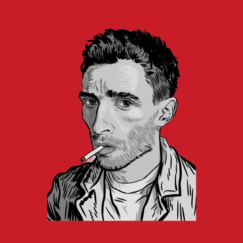 Expressive Black and White Sketch of Intense Artist with Cigarette Male Pullover Hoodie