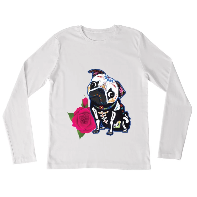 Chien de style calavera avec rose Femme Manches Longues T-Shirt