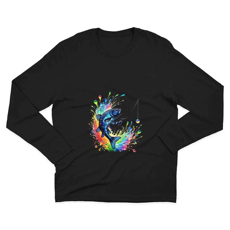 Rainbow Splatter Fish with Fishing Rod Art Male Long Sleeve T-Shirt