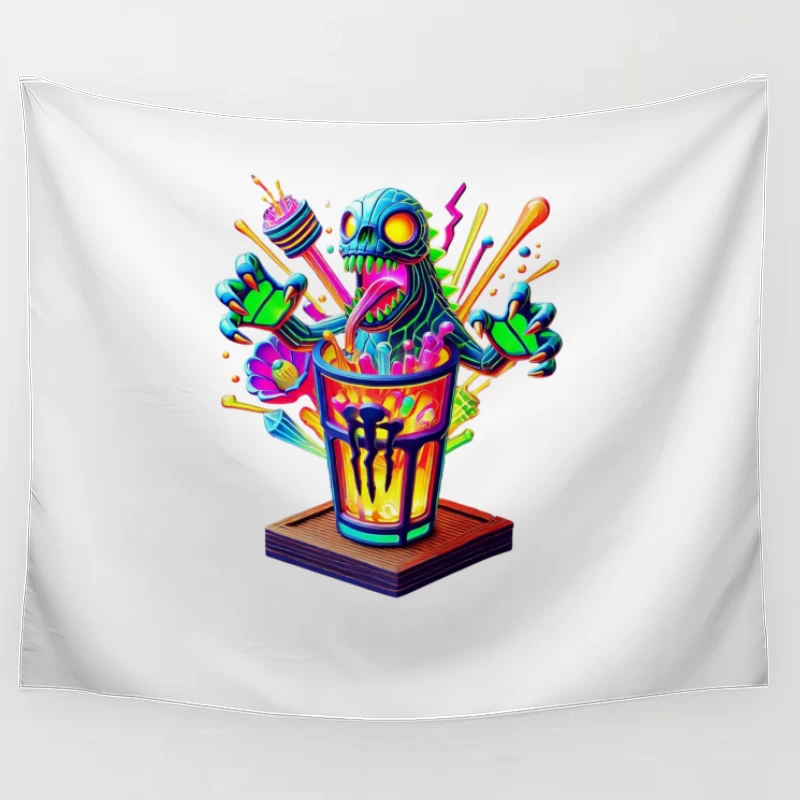 Psychedelic Monster Bursting from Colorful Drink Cup Tapestry